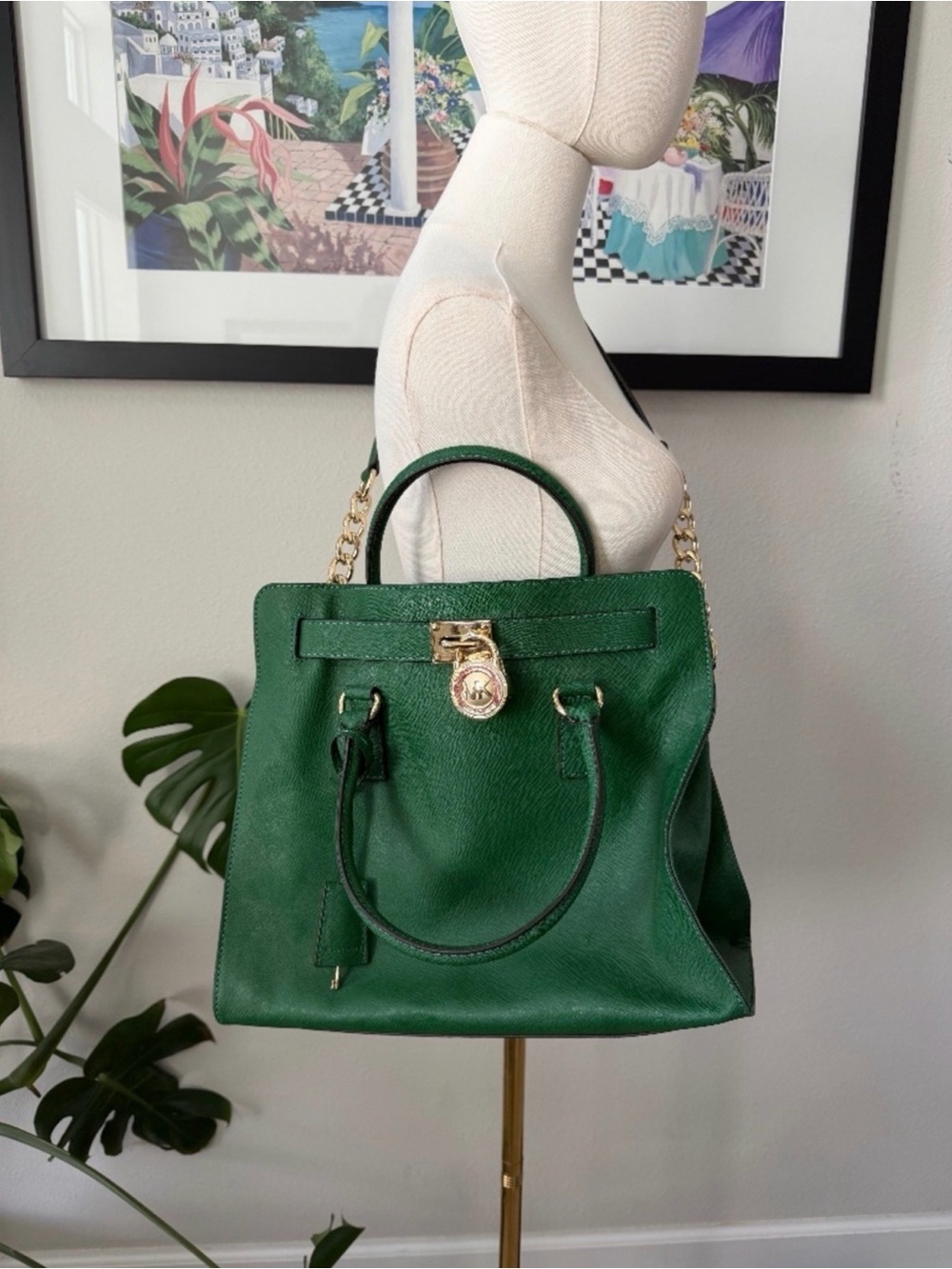 Michael Kors The Hamilton Lock & Key Satchel Emerald Green Leather Purse